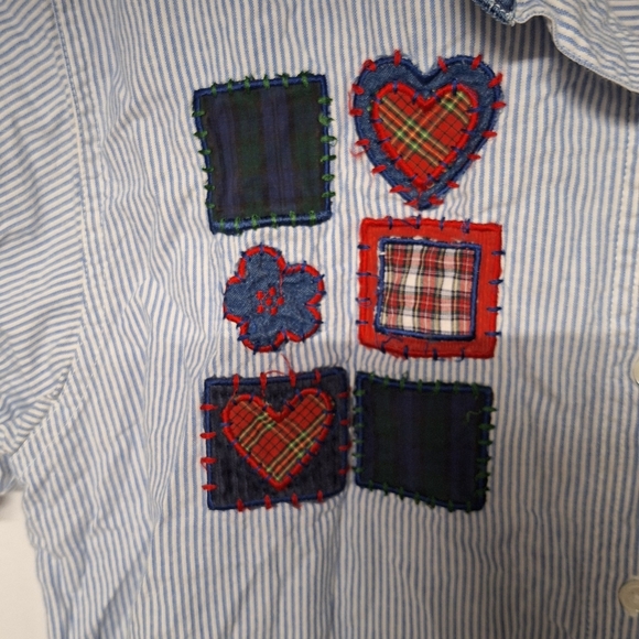 Women's cotton Blue Striped Button Down Shirt with Patchwork - Picture 3 of 7